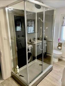 La salle de bains est pourvue d'une douche en verre et de toilettes. dans l'établissement La Maison Du Bois Flotté, à Boulogne-sur-Mer