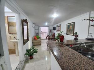 a kitchen with a sink and a living room at Apartamento centro historico in Cartagena de Indias
