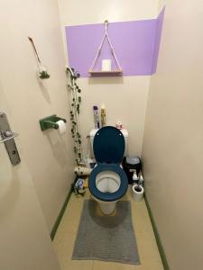 a bathroom with a blue toilet in a stall at Chambre privée in Clermont-Ferrand