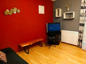 a living room with a red wall and a tv at Apartamento turístico Larraga in Monteagudo