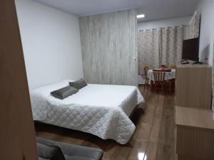 a bedroom with a bed and a table and a television at Hospedaria Mitterer in Treze Tílias +8 photos