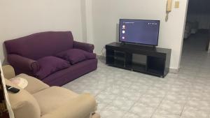 sala de estar con sofá púrpura y TV en Tucumán 751 en Salta
