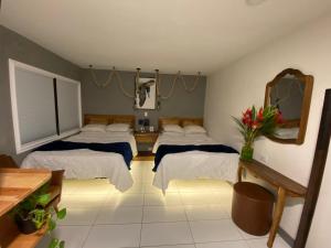 1 dormitorio con 2 camas y espejo en Berlor Airport Inn, en Alajuela