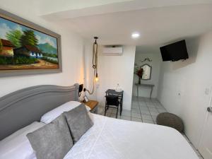 a bedroom with a bed and a desk and a television at Berlor Airport Inn in Alajuela