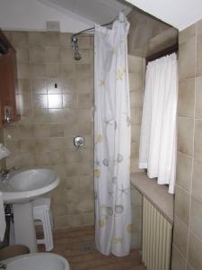 a bathroom with a sink and a shower curtain at Albergo Valgranda in Alleghe