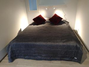 a bedroom with a large bed with two red pillows at Apartment Songhill in Kuopio