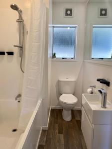 a white bathroom with a toilet and a sink at Lakefront Gem, Absolute Waterfront in Queenstown