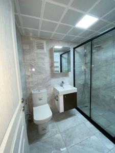 e bagno con servizi igienici e doccia in vetro. di Whole Apartment at The Heart of Sisli Nisantasi K a Istanbul