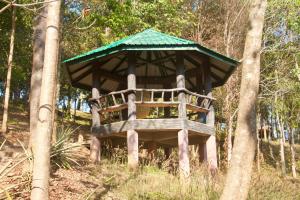 a large wooden structure in the middle of trees at Mae Chan Treehouse with swimming pool in Mae Chan