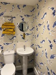 a blue and white bathroom with a toilet and a sink at The Corrie Hotel in Corrie