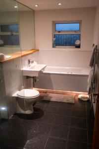 a bathroom with a toilet and a tub and a sink at the bungalow in Oxford