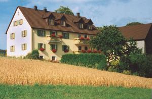 ein großes weißes Haus auf einem Hügel neben einem Feld in der Unterkunft Ferienwohnung Kappauf / Petrik in Friedenfels