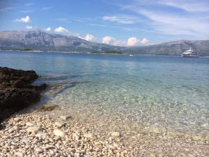 a rocky beach with a cruise ship in the water at Eco Sunshine Apartments Lumbarda in Lumbarda
