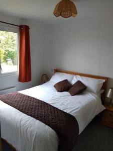 a bedroom with a white bed with two pillows on it at Family friendly rural lodge in Truro