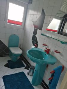 uma casa de banho com um lavatório azul e um WC. em Haus Hochwald em Rottweil