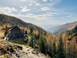 a cabin on the side of a hill with mountains at Alpenliebe in Bad Kleinkirchheim