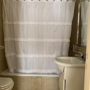 baño con cortina de ducha blanca y lavamanos en Torre Reggia II en Córdoba