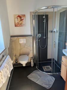 ein Bad mit einer Dusche, einem WC und einem Waschbecken in der Unterkunft Ferienwohnung Biermann in Oberammergau