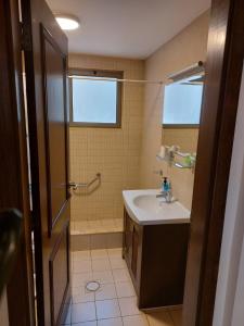 een badkamer met een wastafel en een douche bij Ground floor apartment by circular pool in Talabay (sweet coffee apartment) in Aqaba