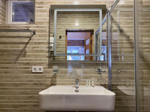 uma casa de banho com um lavatório e um espelho em Парк-готель Щастя em Skhidnitsa