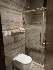 a bathroom with a toilet and a shower at Villa Jana chalet - Private Villa - Dead Sea - Jordan in Ash Shāghūr