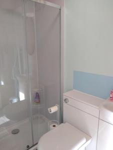 a bathroom with a toilet and a glass shower at Cosy cabin for two in Truro