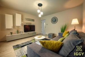 a living room with a couch and a tv at Iggy Luxury Apartment in Hunedoara