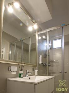 a bathroom with a sink and a shower at Iggy Luxury Apartment in Hunedoara