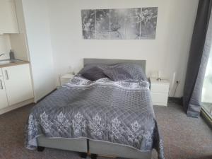 a bedroom with a bed with a gray comforter at Ferienwohnung NABOO in Schleswig