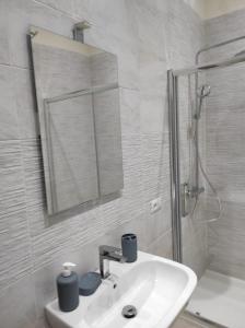 uma casa de banho com um lavatório e um chuveiro com um espelho. em Alpivida Home em Nápoles