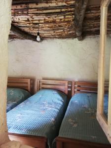 Fortress House Khakhabo في Khakhabo: سريرين في غرفة بها نافذتين