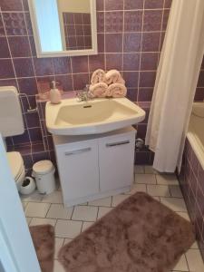 a bathroom with a sink and a toilet and a tub at Ferienwohnung NABOO in Schleswig