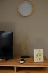 a clock on the wall and a television on a table at Eliza 1 Birdland Golf Apartman in Bük