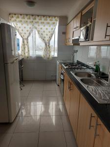 uma cozinha com um lavatório, um frigorífico e uma janela em Departamentos Nautilus em Iquique