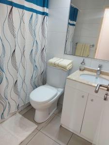 a bathroom with a toilet and a sink and a shower curtain at Departamentos Nautilus in Iquique