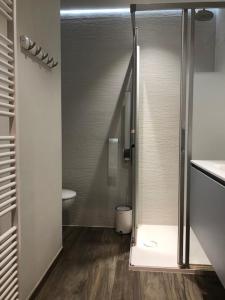 a bathroom with a shower stall and a toilet at Beach-la-Mar in Knokke-Heist