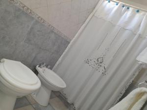 y baño con aseo y cortina de ducha. en CELESTINA en Córdoba