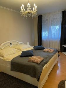 a bedroom with a large bed with a chandelier at Bemma Apartman in Budapest