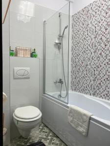 a bathroom with a toilet and a glass shower at GLAM Apartments Palas Mall Center Area in Iaşi