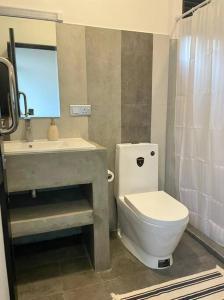 y baño con aseo blanco y lavamanos. en Lovely 2-bedroom holiday home with free parking., en Panadura