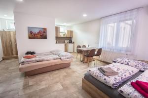 1 dormitorio con 2 camas y mesa. en Mona Apartman, en Sárvár