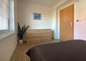 sypialnia z łóżkiem, komodą i oknem w obiekcie Slunný a vzdušný Apartmán Astra - by Relax Harrachov w mieście Harrachov