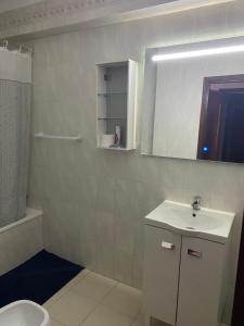La salle de bains est pourvue d'un lavabo, de toilettes et d'un miroir. dans l'établissement Apartamento F.A, à Pedrógão
