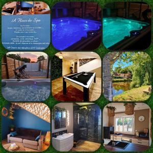 a collage of pictures of a swimming pool at A Fleur de Spa : Maison chaleureuse avec spa privatif et billard. in Coulogne