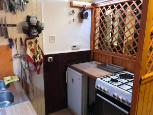 a small kitchen with a stove and a sink at Salaš Striber in Vrbas