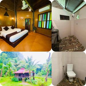 Pokój hotelowy z łóżkiem i łazienką w obiekcie Khaosok Monkeys & River Camps w Khao Sok