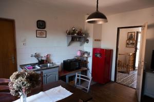 cocina con nevera roja y mesa en Apartment "Johana" en Brod Moravice