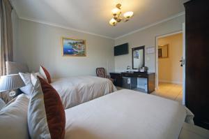 ケープタウンにあるSavoy Lodgeのベッド2台とデスクが備わるホテルルームです。