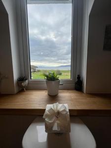 a window with a flower on a table in front of it at Taigh Mara(Marine House) 2 bed Apartment in Fort William