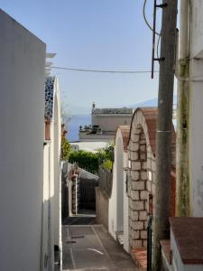 un vicolo tra due edifici con l'oceano sullo sfondo di Cataldo Guest House a Capri